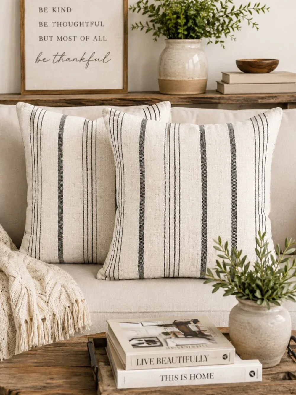 Sunlit Farmhouse Throw Pillow Covers Set of 2 Cream Gray Stripe 18x18 Textured